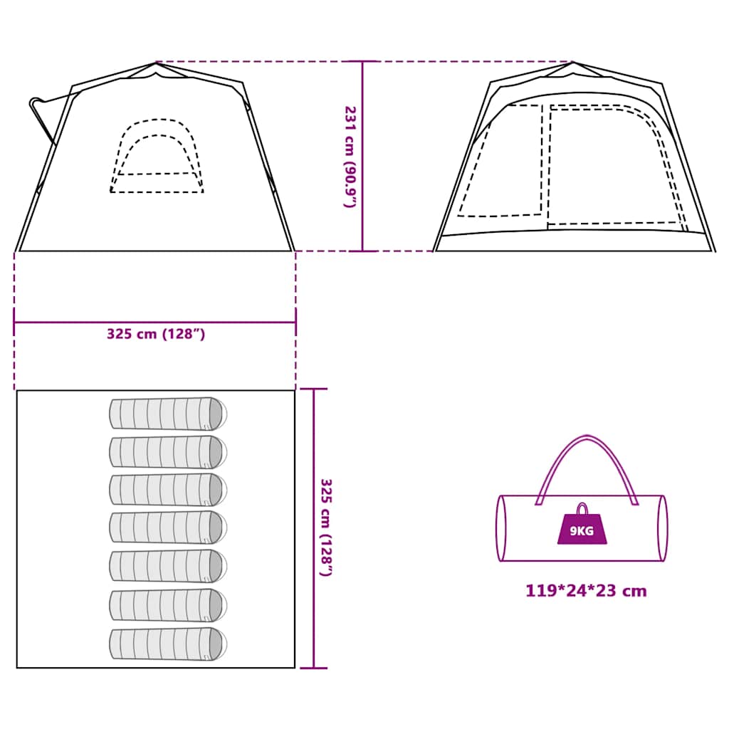 Detailweergave van de afmetingen en opbergmogelijkheden van de vidaXL 7-persoons tent.