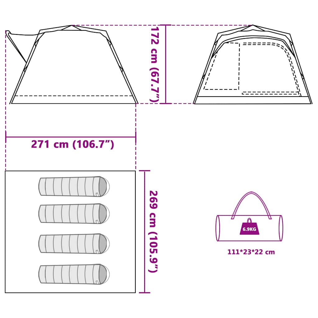 Detail van de afmetingen en specificaties van de vidaXL 4-persoons kampeertent in groen.