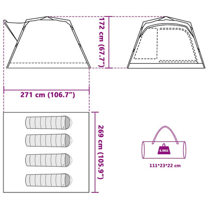 Detail van de afmetingen en specificaties van de vidaXL 4-persoons kampeertent in groen.