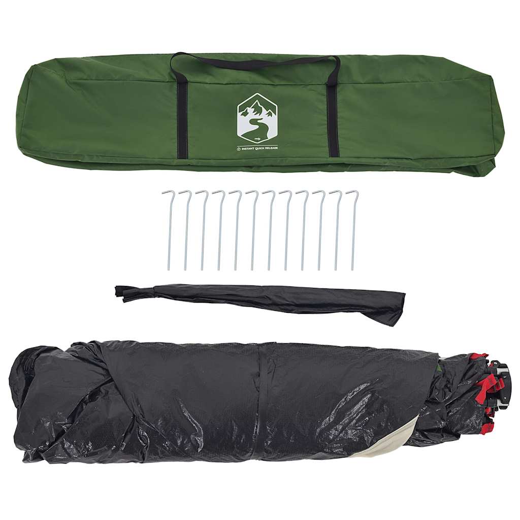 Groene vidaXL 4-persoons kampeertent met accessoires, waaronder haringen en een draagtas.