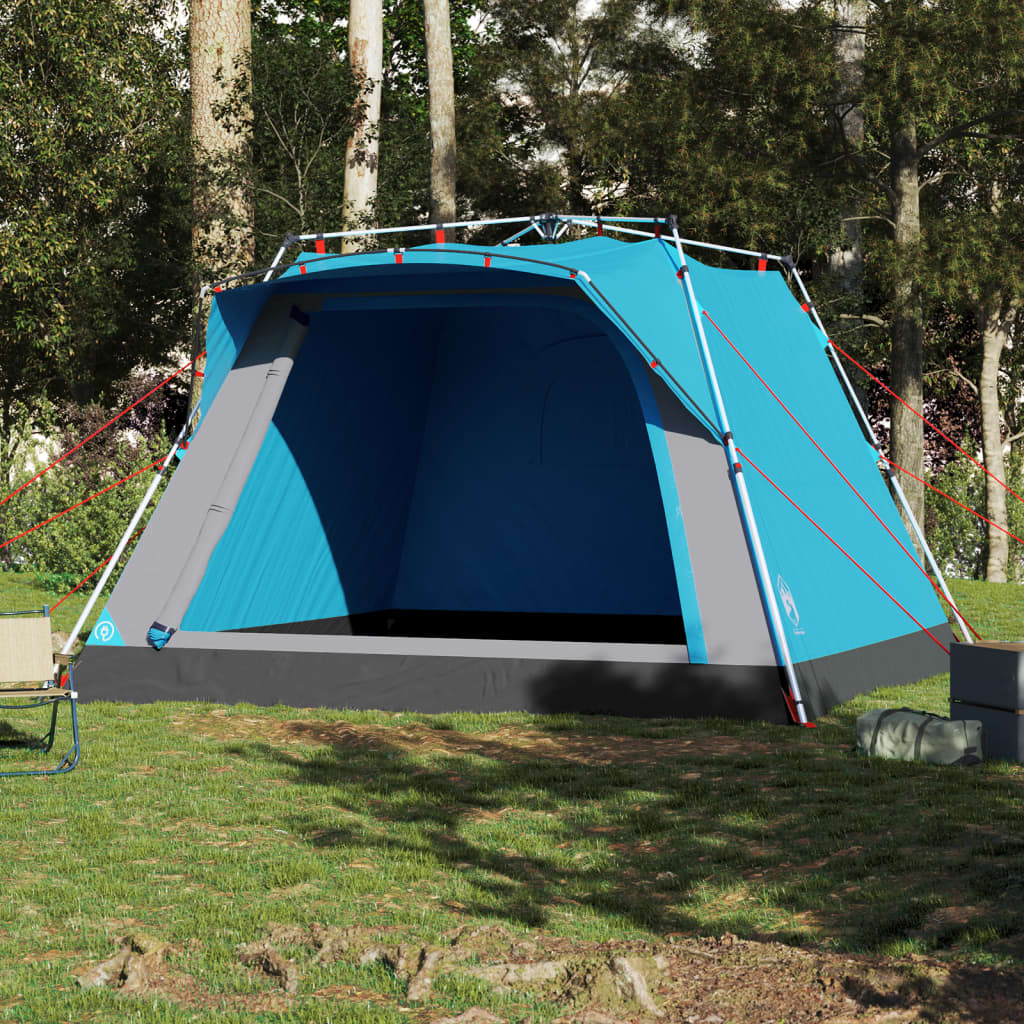 Detail van de vidaXL 4-persoons kampeertent in blauw, zijaanzicht met open ingang.