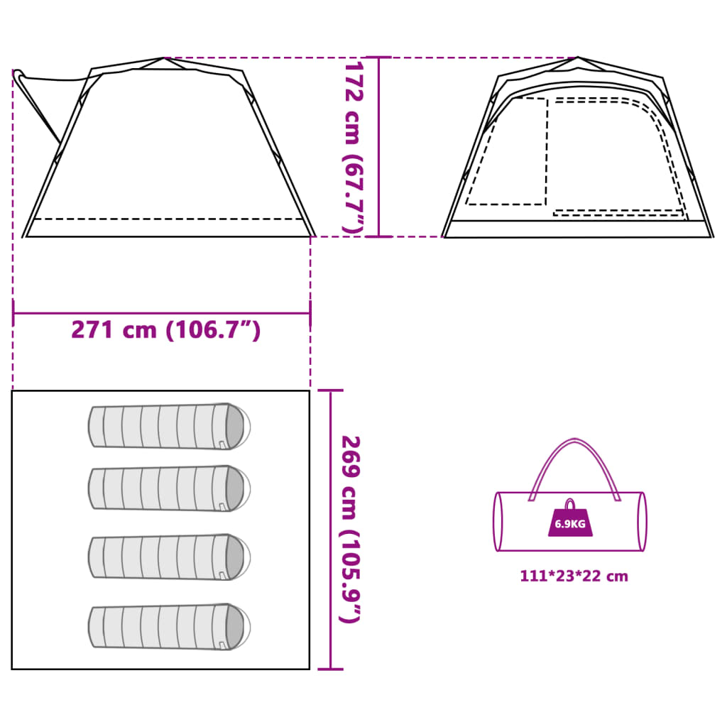 Detail van de afmetingen van de vidaXL 4-persoons kampeertent met snelontgrendeling.