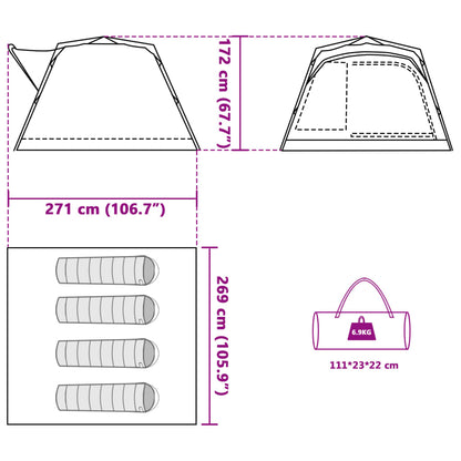 Detail van de afmetingen van de vidaXL 4-persoons kampeertent met snelontgrendeling.