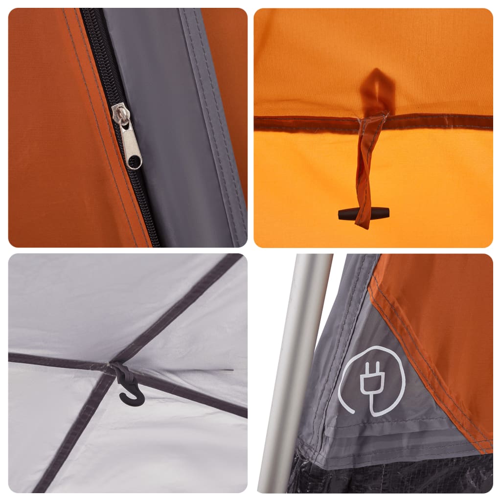 Detail van de rits en bevestigingspunten van de vidaXL 4-persoons kampeertent in grijs en oranje.