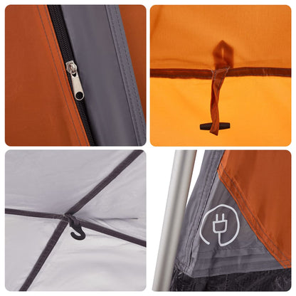 Detail van de rits en bevestigingspunten van de vidaXL 4-persoons kampeertent in grijs en oranje.