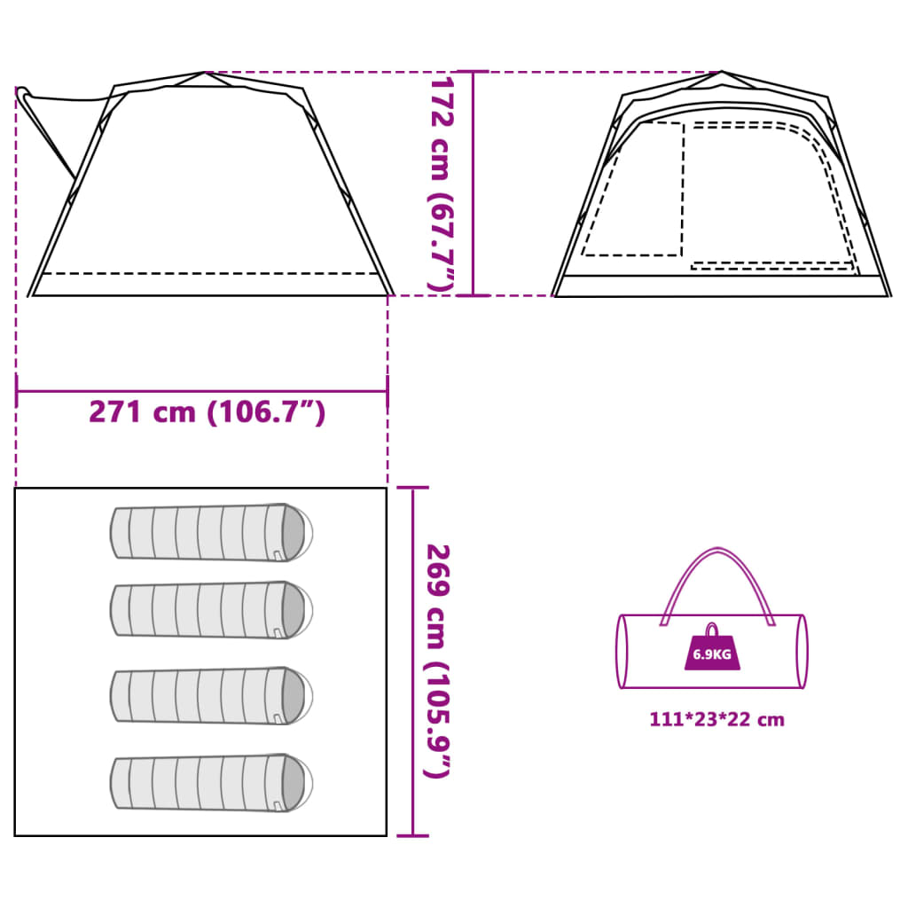 Detail van de afmetingen en opbergmogelijkheden van de vidaXL 4-persoons kampeertent.