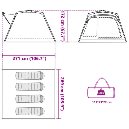 Detail van de afmetingen en opbergmogelijkheden van de vidaXL 4-persoons kampeertent.