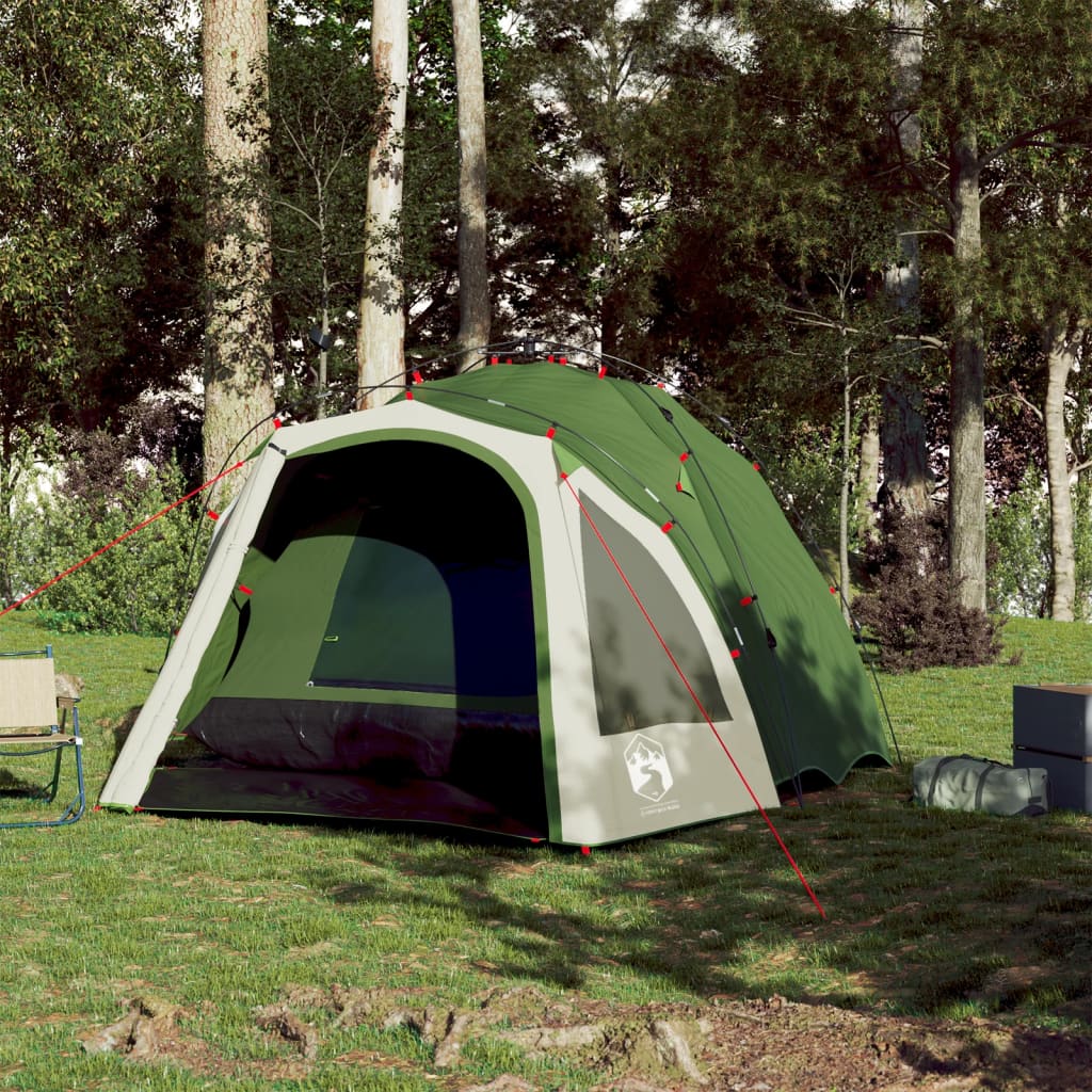 Detail van de vidaXL koepeltent in groen, zijaanzicht met ingespannen scheerlijnen.
