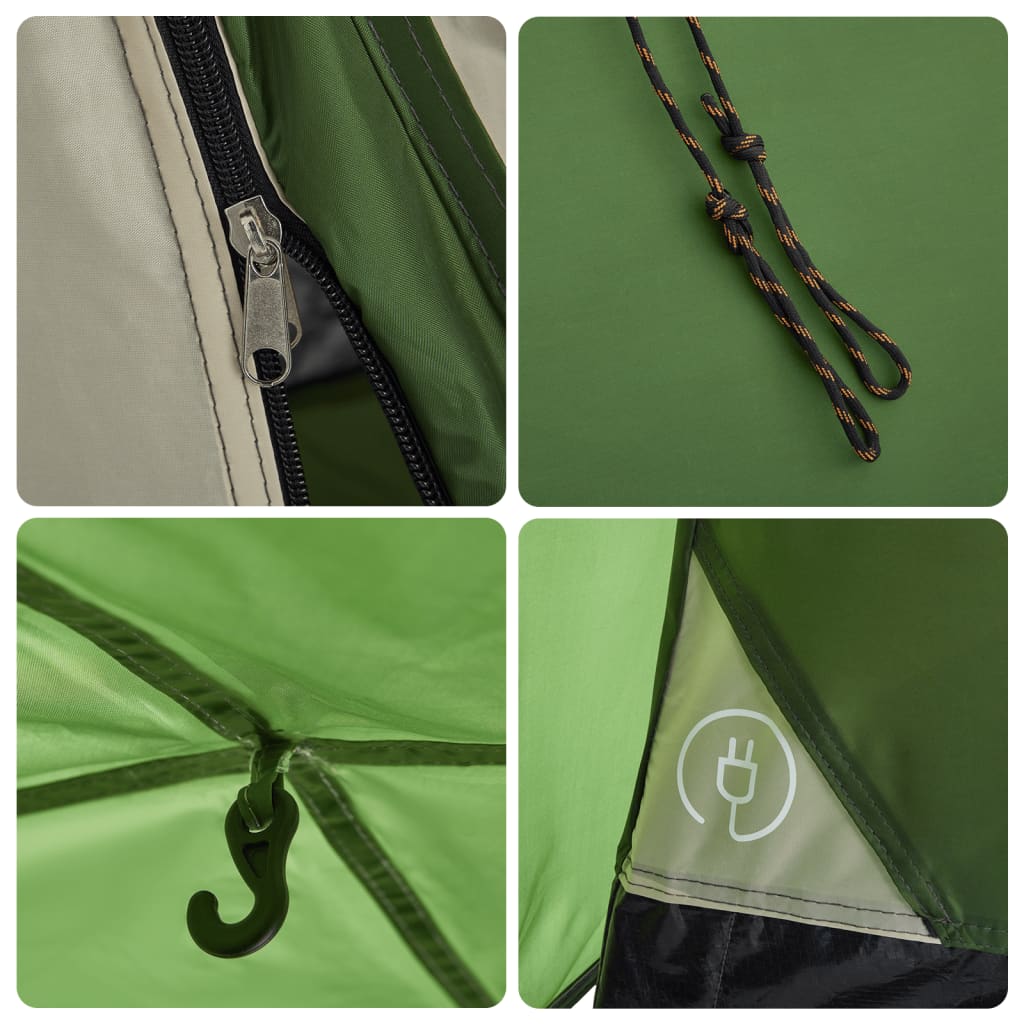 Detail van de groene vidaXL koepeltent met rits, bevestigingslus en haak voor verlichting.