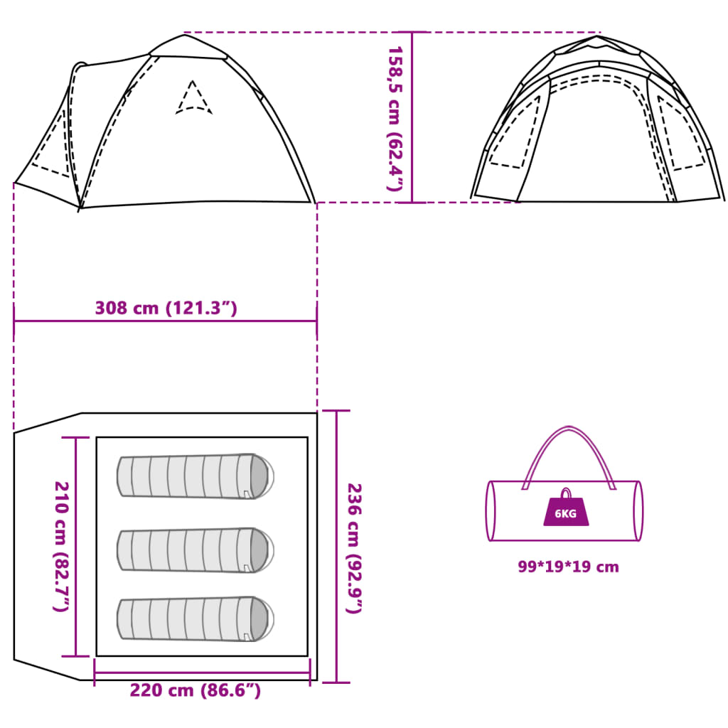 Detailweergave van de vidaXL koepeltent met afmetingen en draagtas.