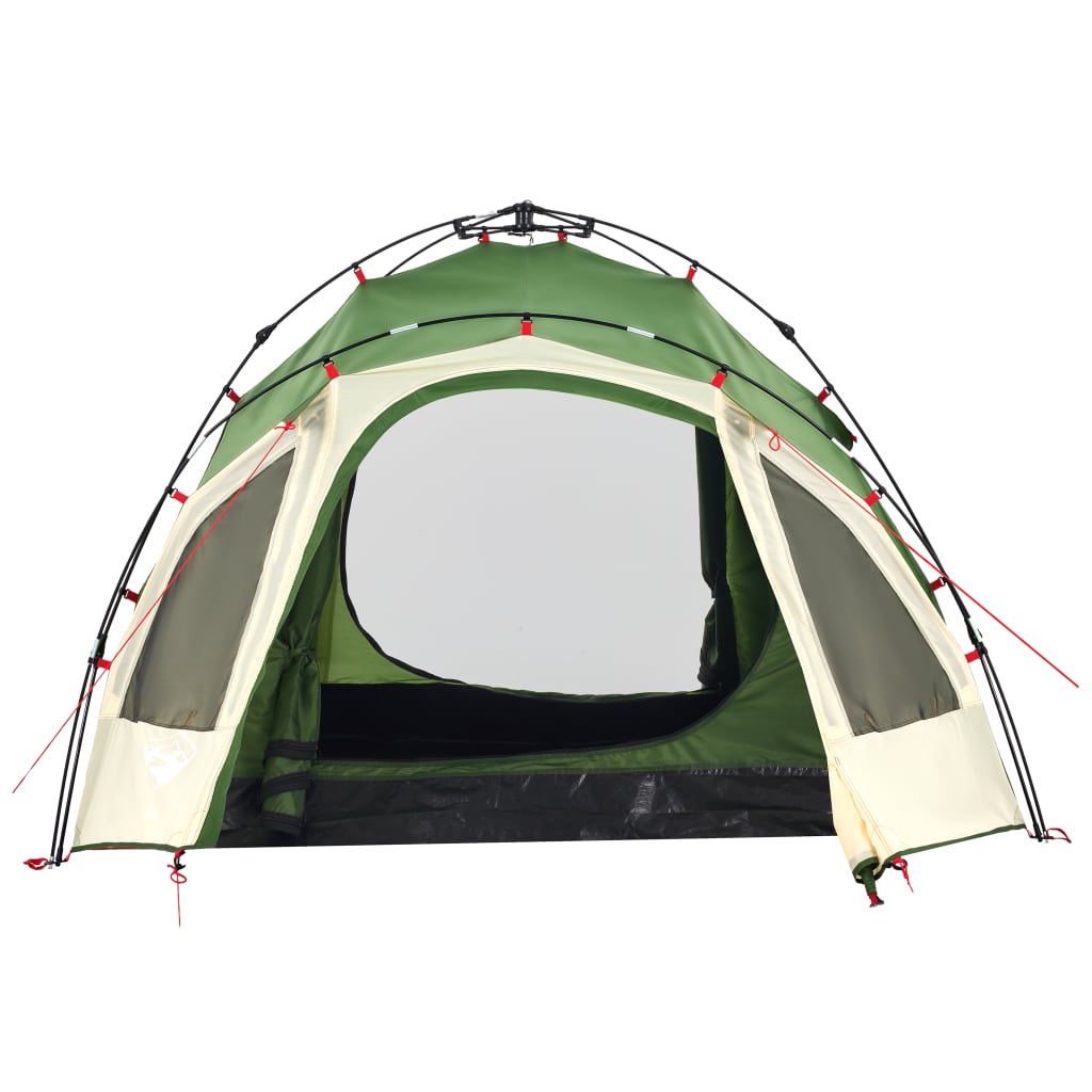 Detail van de vidaXL koepeltent in groen, met open ingang en gaasramen.