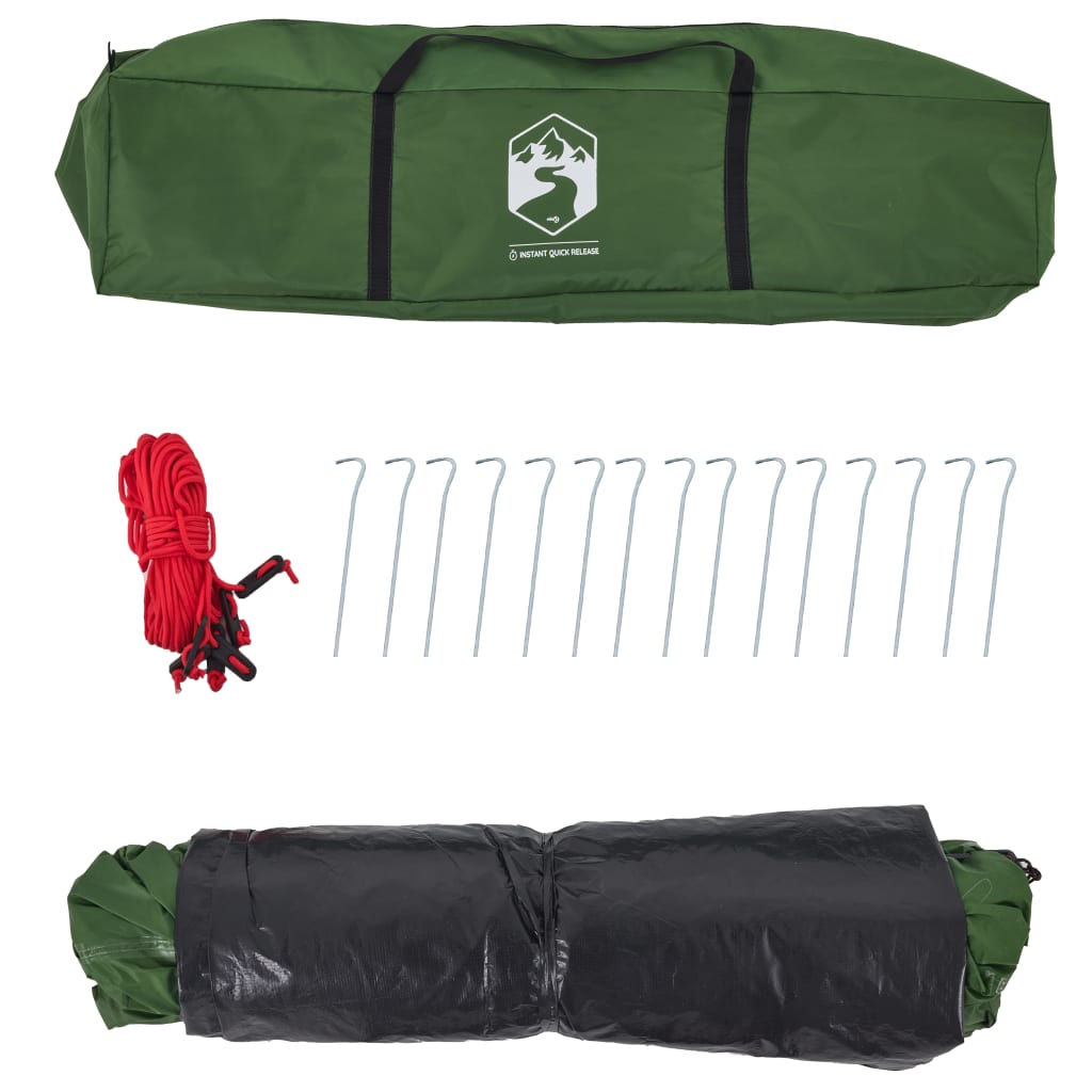 Groene vidaXL koepeltent met draagtas, haringen en bevestigingslijnen in detailweergave.