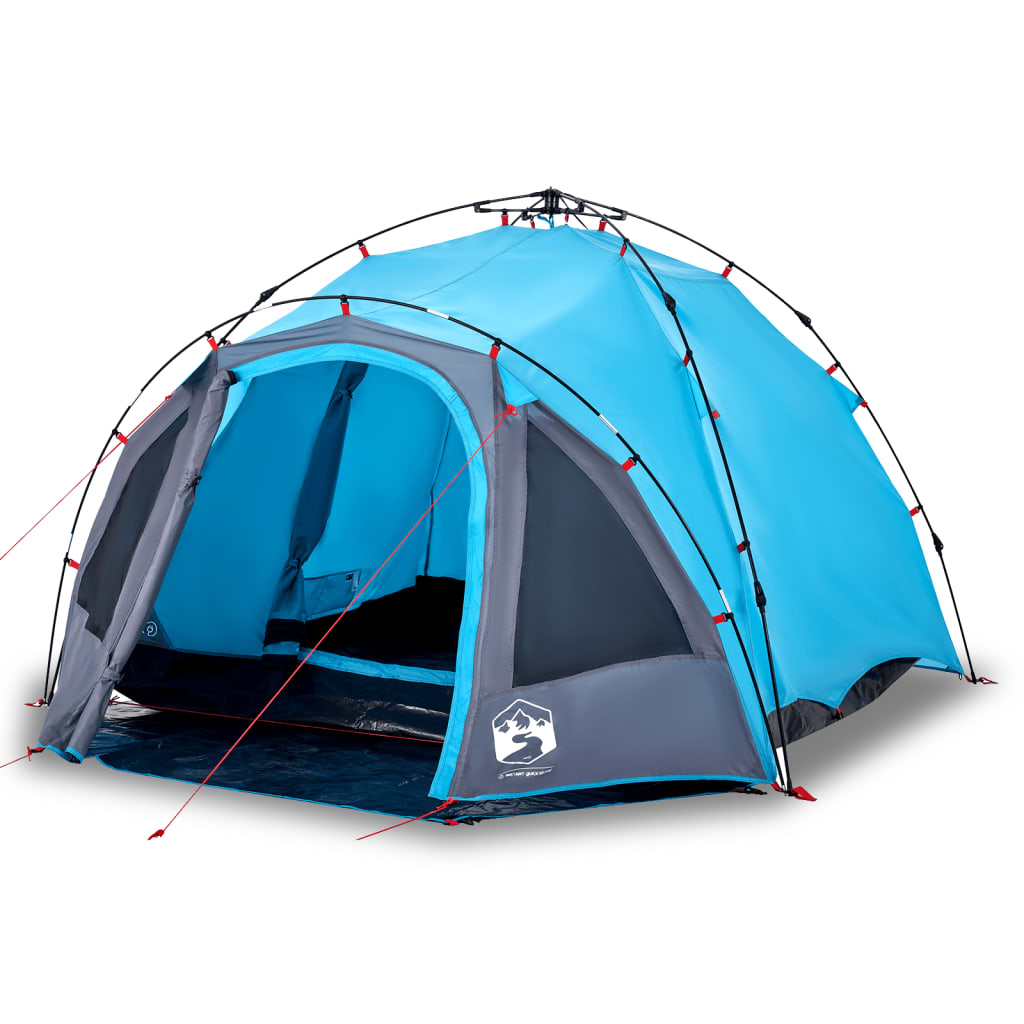 Zijaanzicht van de vidaXL koepeltent in blauw met snelontgrendeling en open ingang.