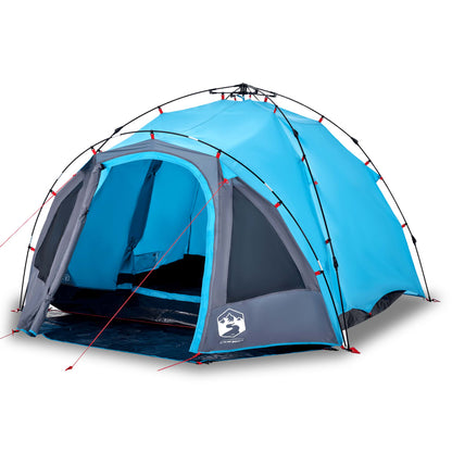 Zijaanzicht van de vidaXL koepeltent in blauw met snelontgrendeling en open ingang.