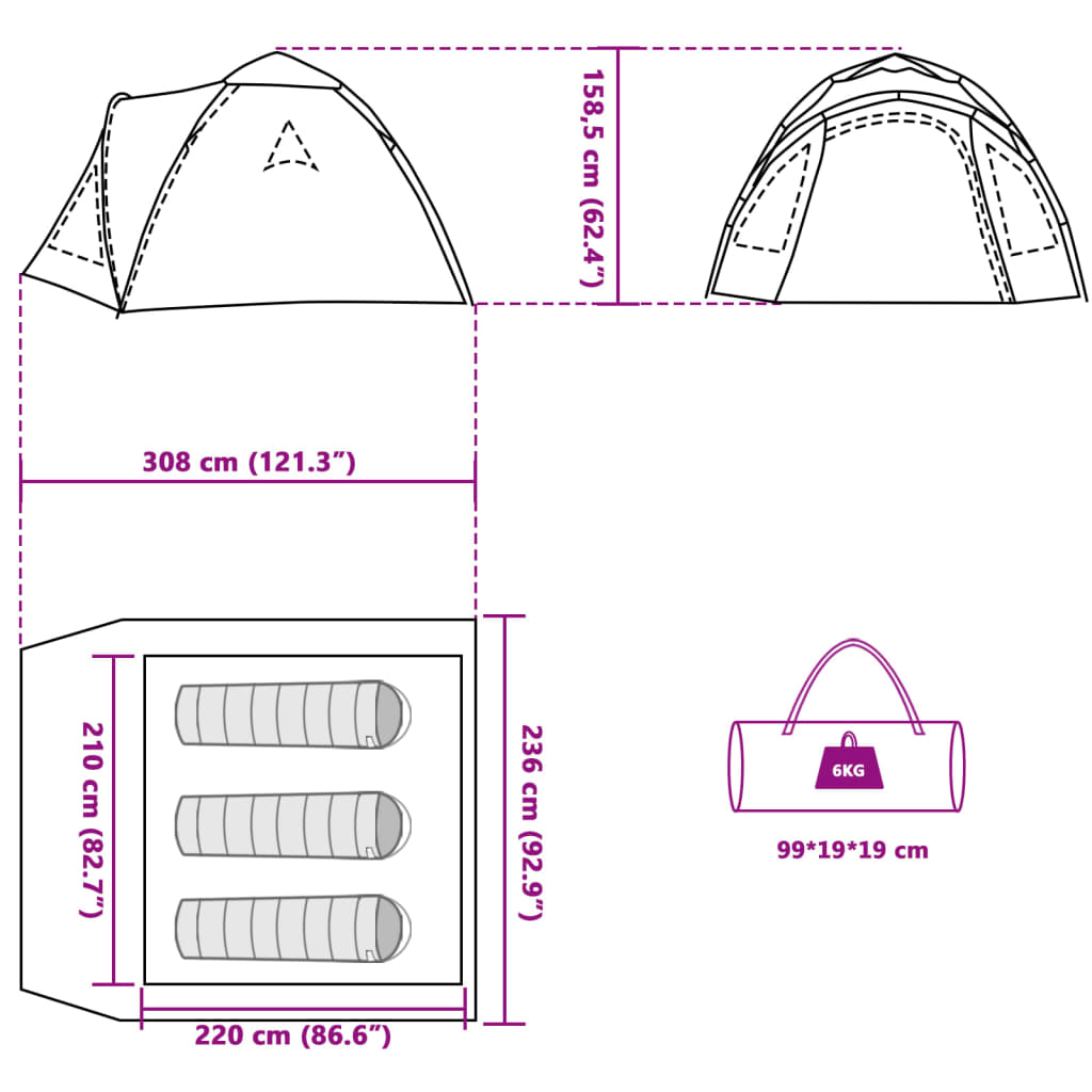 Detailweergave van de vidaXL koepeltent met afmetingen en opbergmogelijkheden.