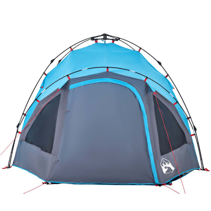 Detail van de vidaXL koepeltent in blauw en grijs, met snelontgrendeling en ventilatieroosters.