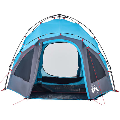 Detail van de vidaXL koepeltent in blauw met open ingang en ventilatieroosters.