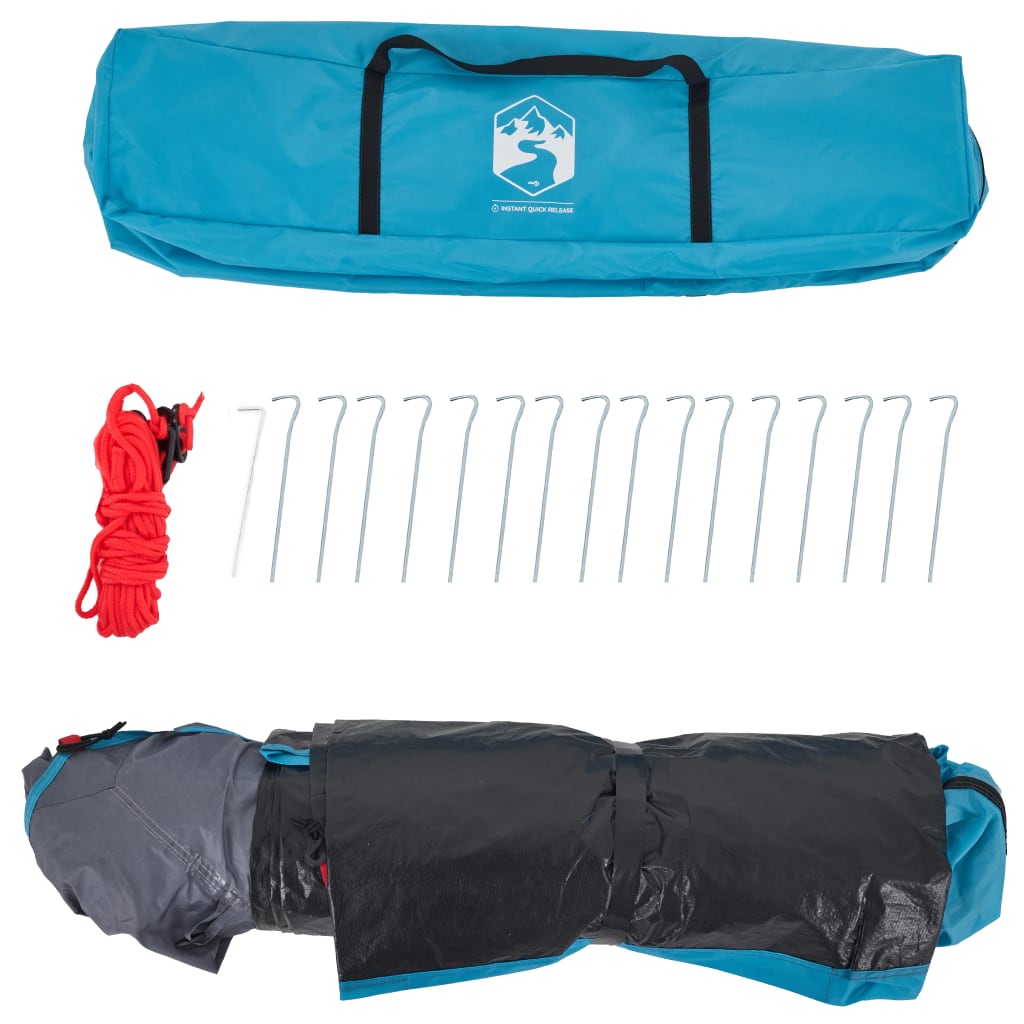 Detail van de vidaXL koepeltent in blauwe draagtas met haringen en spanlijnen.