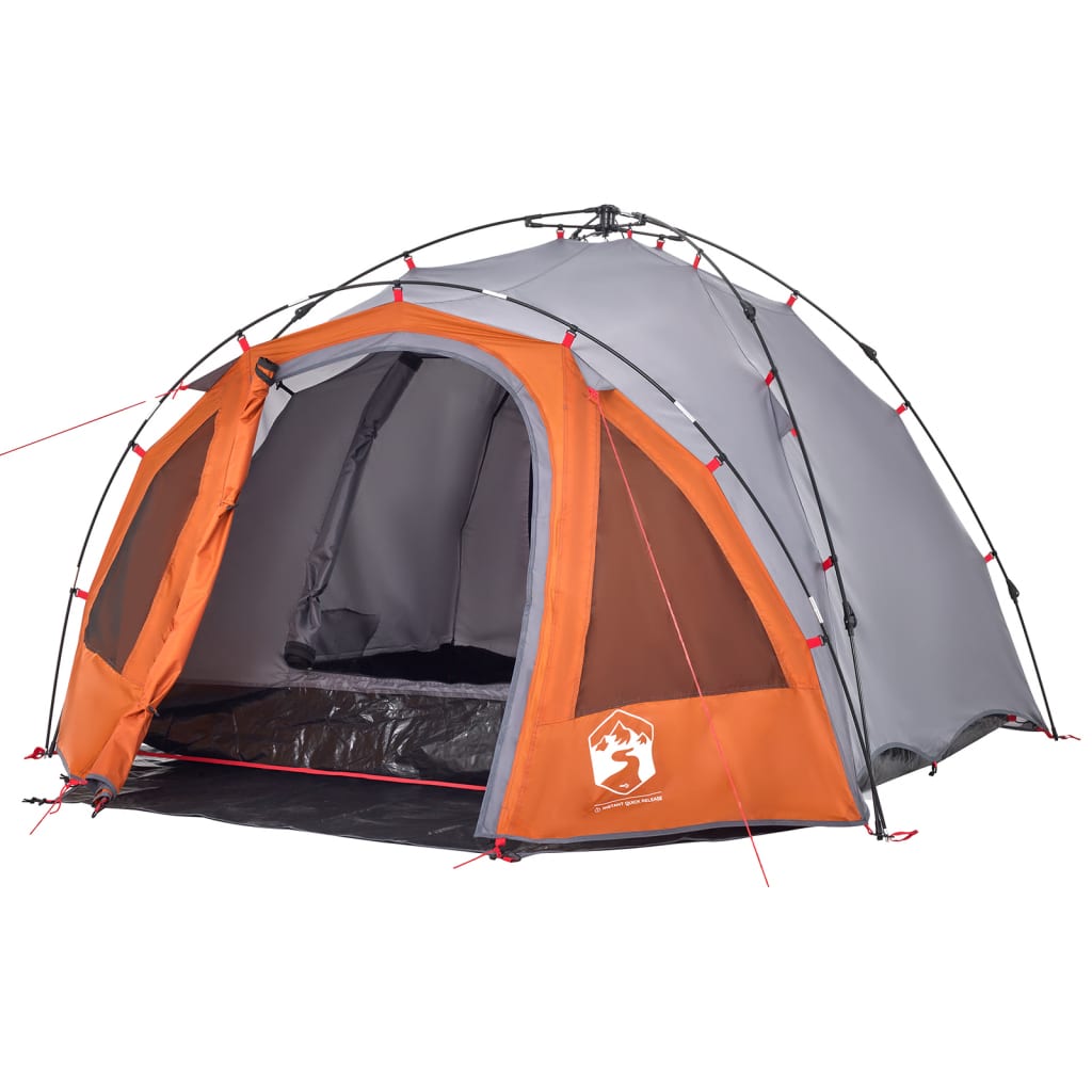 Detail van de grijs-oranje vidaXL koepeltent met snelontgrendeling en open ingang.