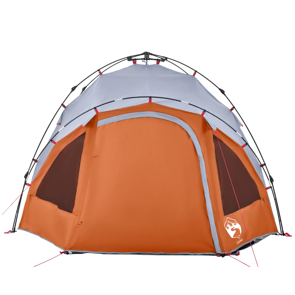 Detail van de vidaXL koepeltent in grijs en oranje, met snelontgrendeling en ventilatieroosters.