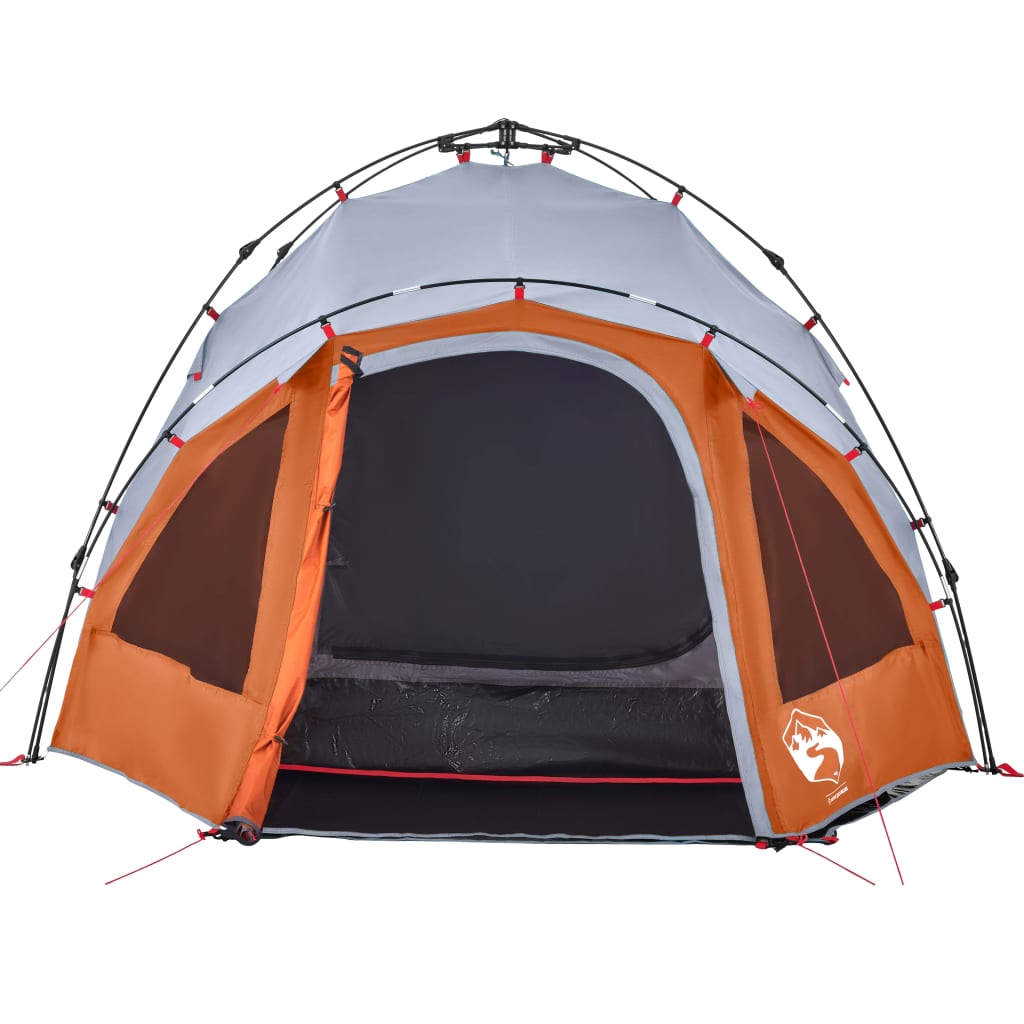 Detail van de grijs-oranje vidaXL koepeltent met open ingang en ventilatieroosters.