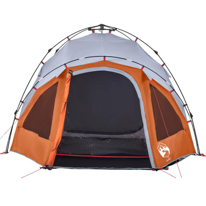 Detail van de grijs-oranje vidaXL koepeltent met open ingang en ventilatieroosters.