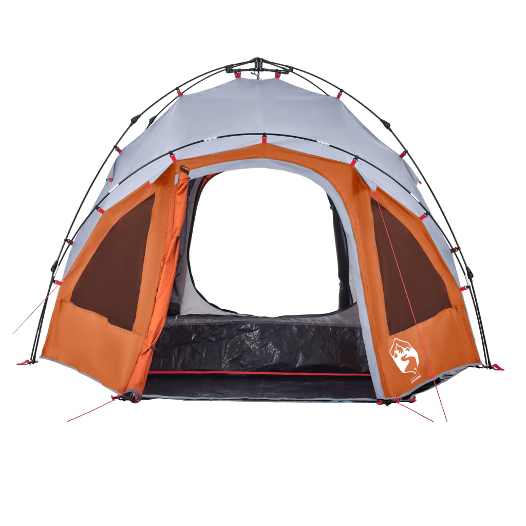 Detail van de vidaXL koepeltent in grijs en oranje, met open deur en ventilatieramen.