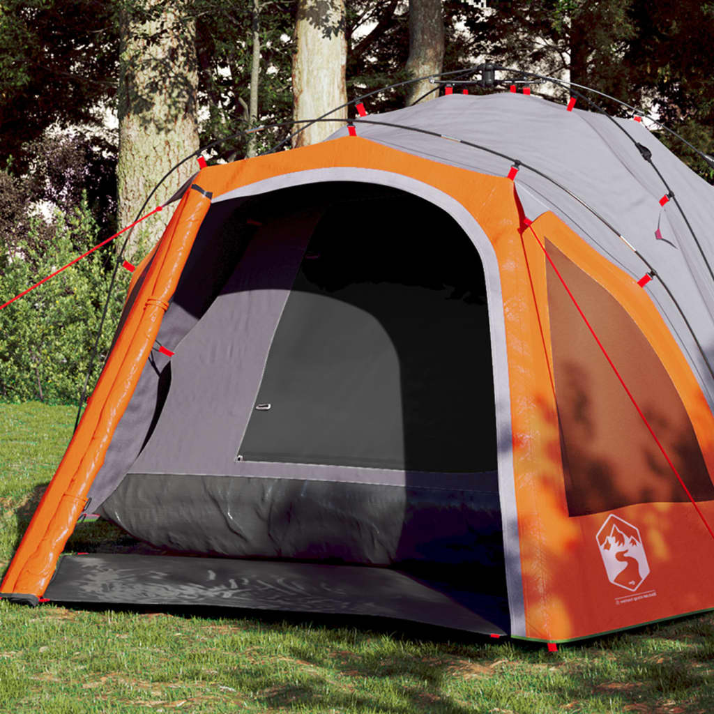 Koepeltent vidaXL 3-persoons in grijs met oranje details, zijaanzicht van de ingang.