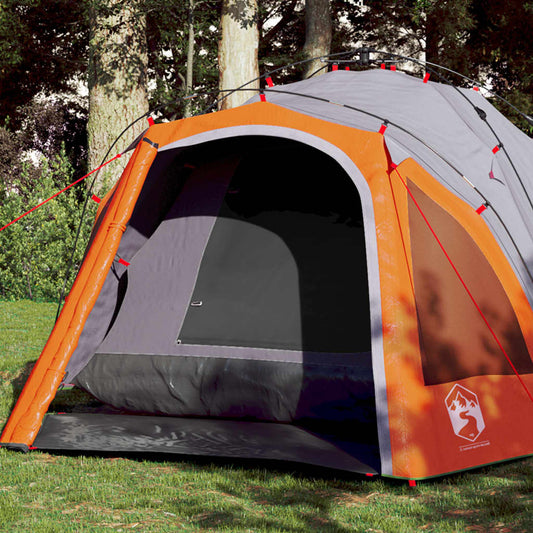 Koepeltent vidaXL 3-persoons in grijs met oranje details, zijaanzicht van de ingang.