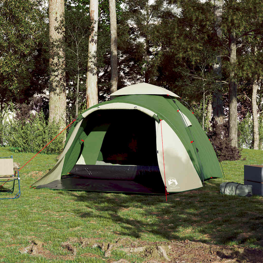 Detail van de vidaXL koepeltent in groen, met open ingang en een natuurlijke omgeving.