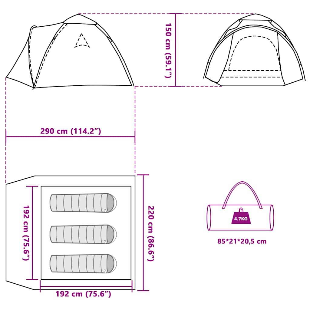 Detailtekening van de vidaXL koepeltent met afmetingen en opbergtas.