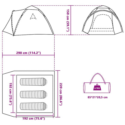 Detailtekening van de vidaXL koepeltent met afmetingen en opbergtas.
