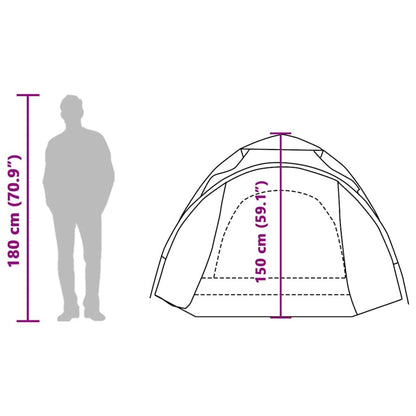 Zijaanzicht van de vidaXL koepeltent met afmetingen en een silhouet van een persoon.