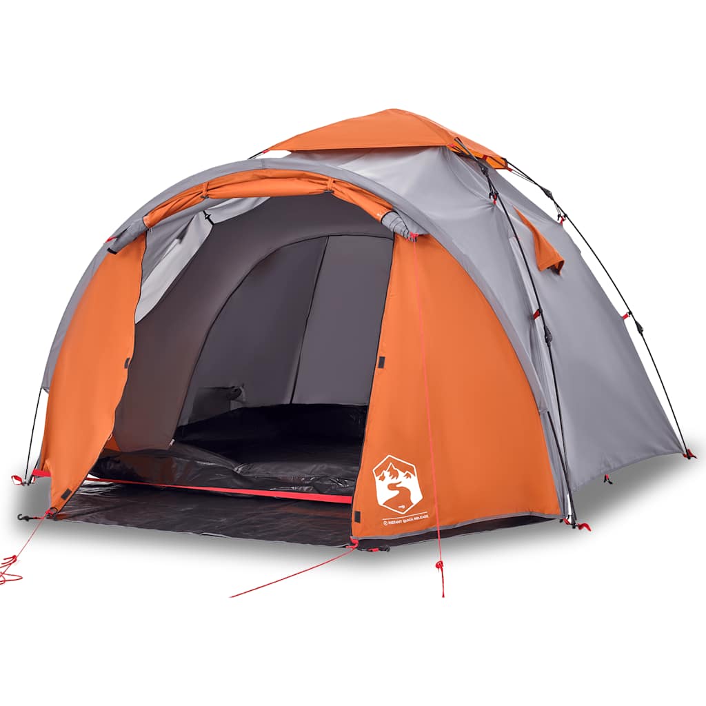 Zijaanzicht van de vidaXL koepeltent in grijs en oranje met open ingang.