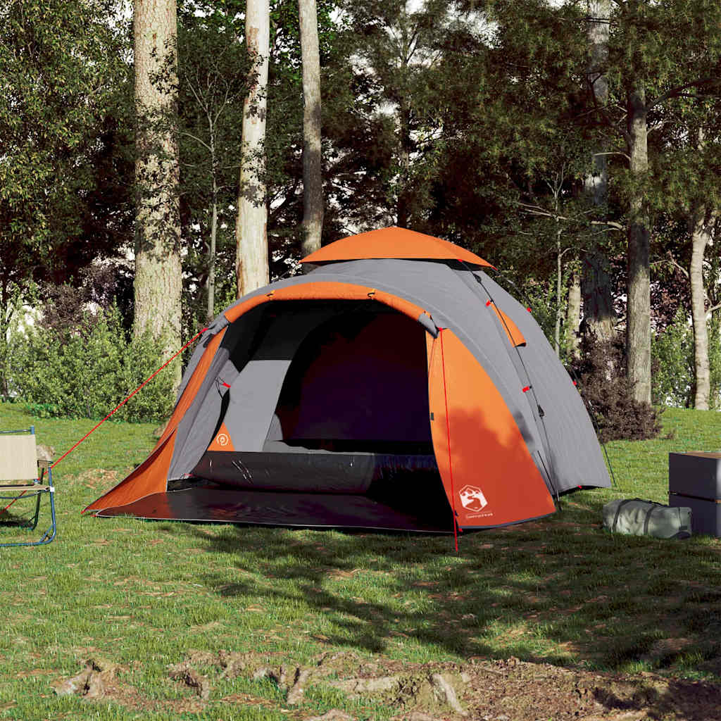 Detail van de vidaXL koepeltent in grijs en oranje, zijaanzicht met open ingang.