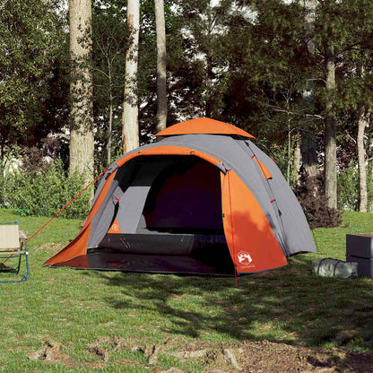 Detail van de vidaXL koepeltent in grijs en oranje, zijaanzicht met open ingang.