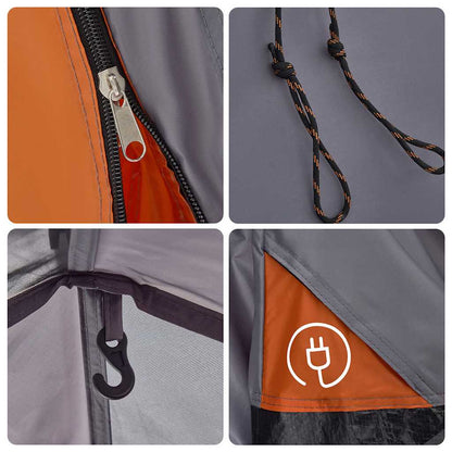 Detail van de grijze en oranje koepeltent met rits en bevestigingshaak.