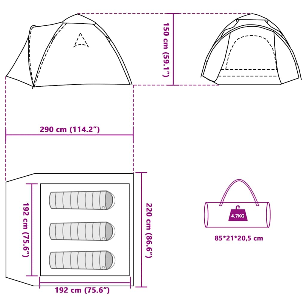 Detailtekening van de vidaXL koepeltent met afmetingen en opbergtas.