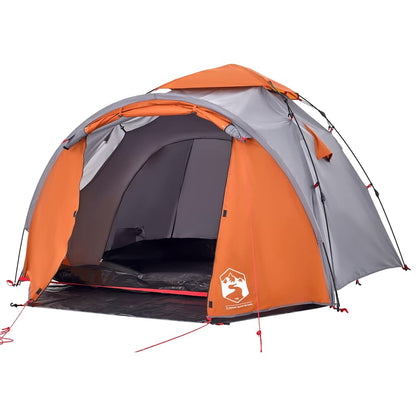 Detail van de vidaXL koepeltent met grijze en oranje kleur, zijaanzicht van de ingang.