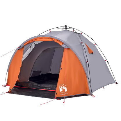 Zijaanzicht van de vidaXL koepeltent met grijze en oranje kleurstelling.