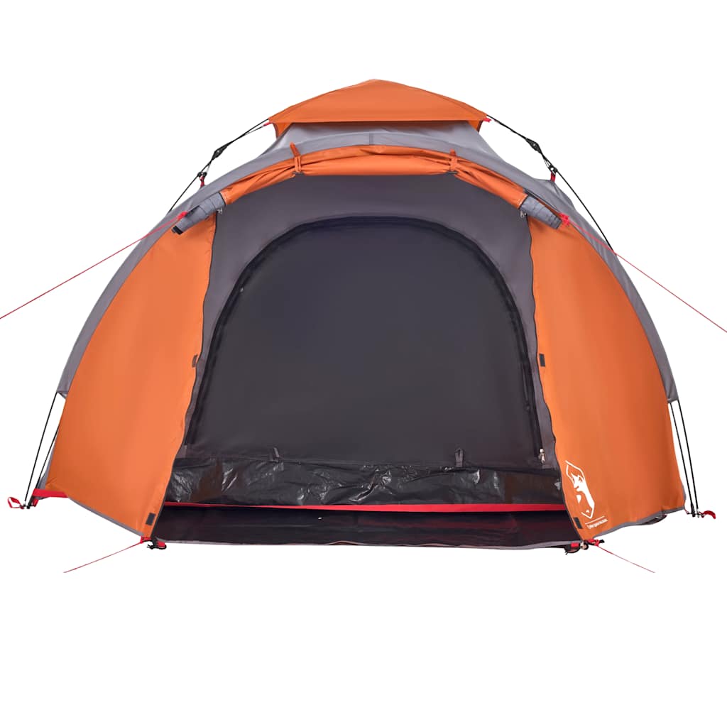 Detail van de grijs-oranje vidaXL koepeltent met open ingang en snelontgrendelingssysteem.