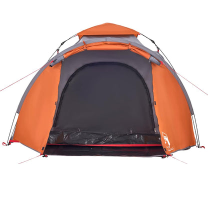 Detail van de grijs-oranje vidaXL koepeltent met open ingang en snelontgrendelingssysteem.