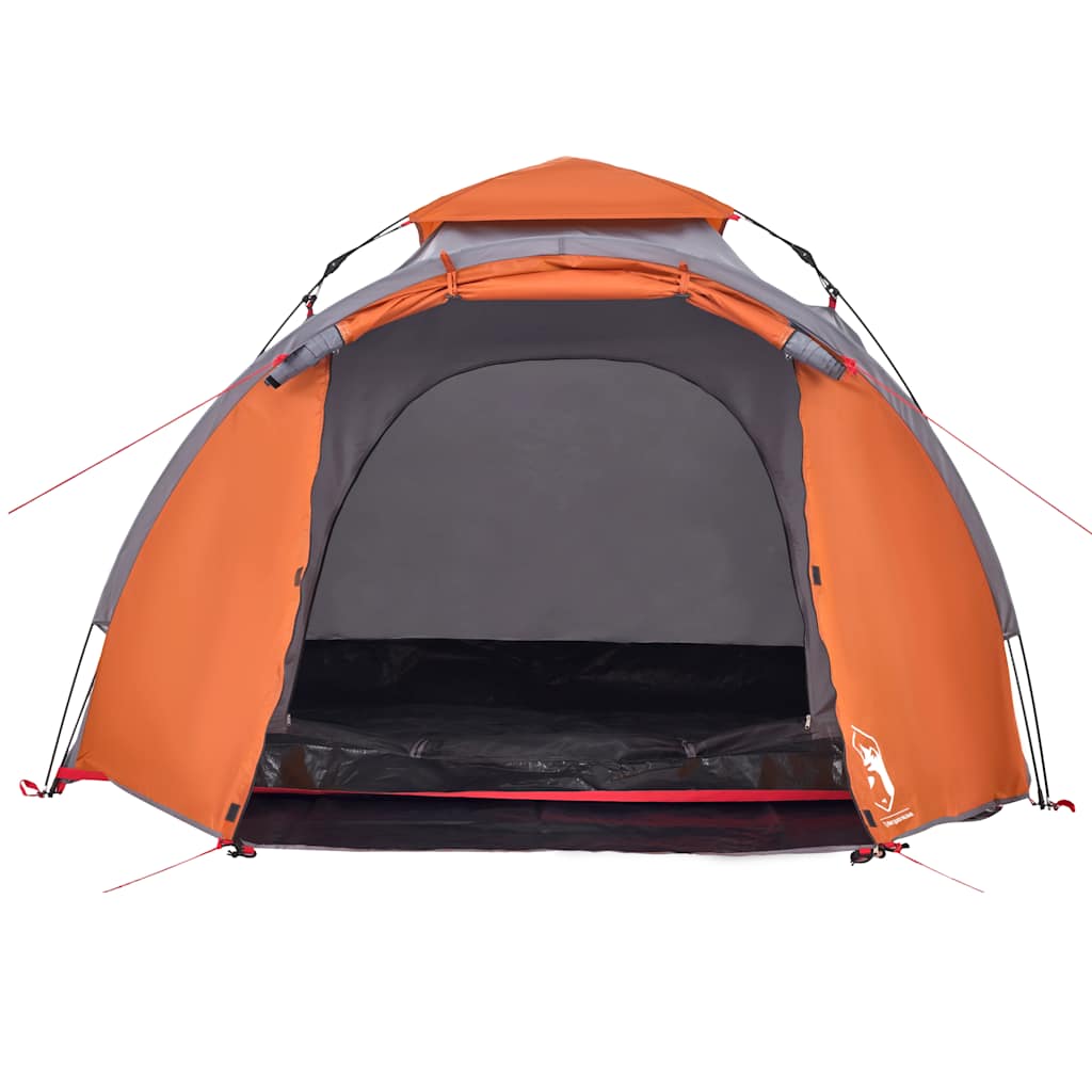 Detail van de vidaXL koepeltent met grijze en oranje kleur, zijaanzicht van de ingang.