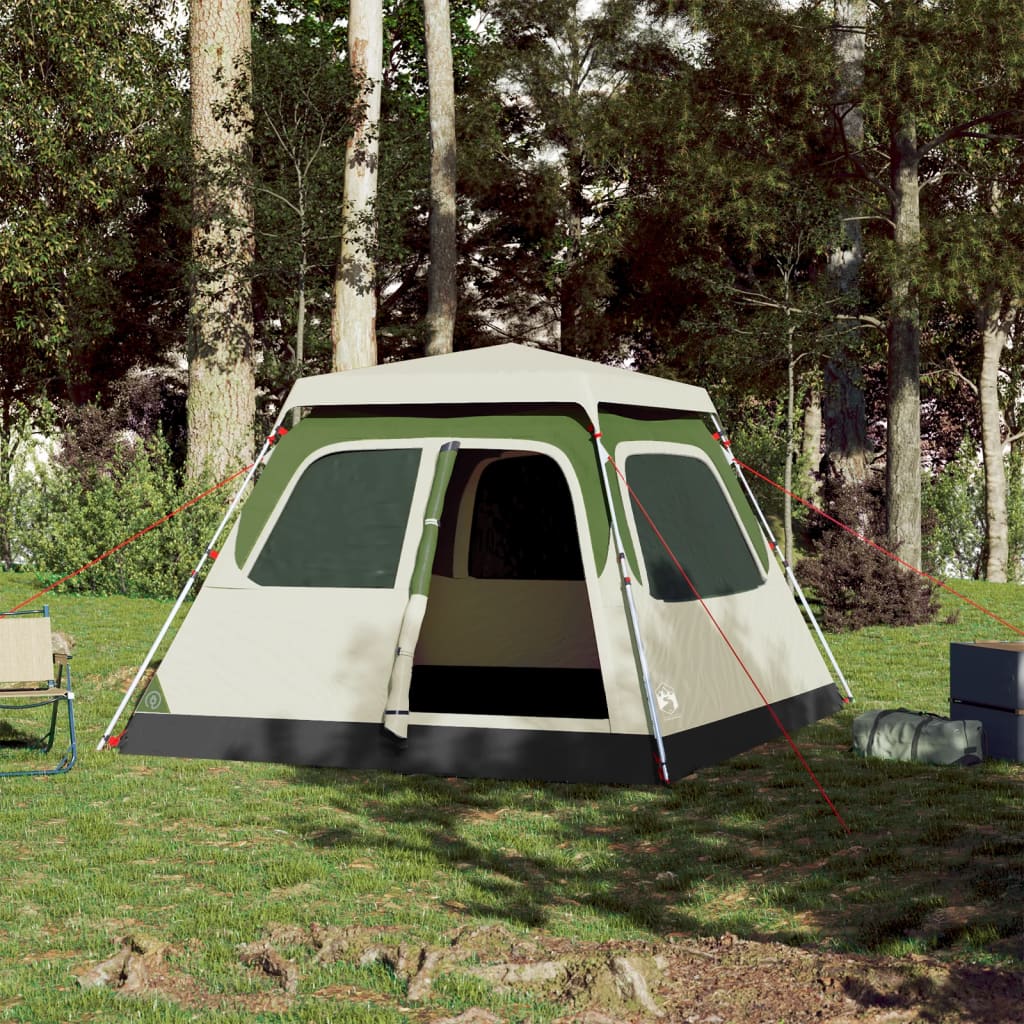 Detail van de vidaXL koepeltent in groen, zijaanzicht met open ingang in een bosrijke omgeving.
