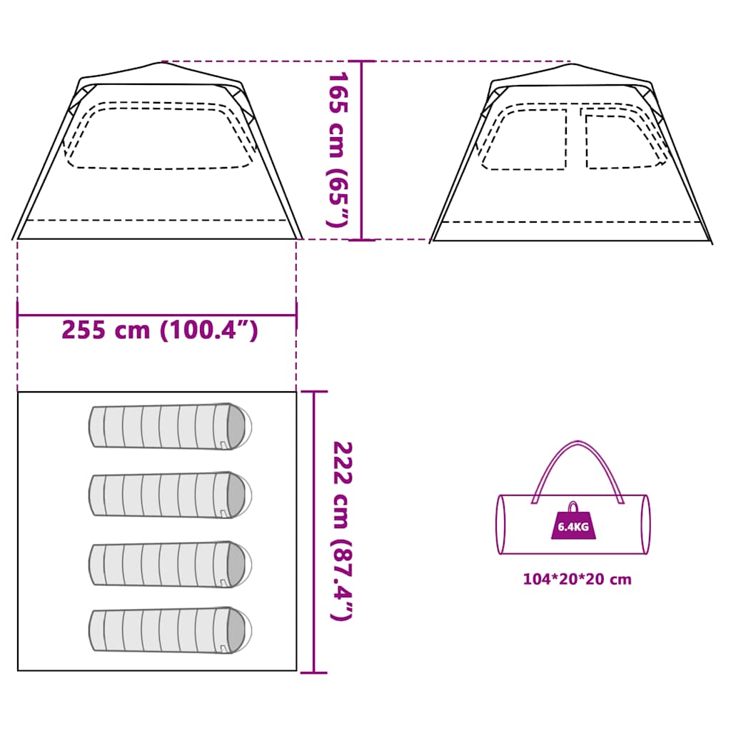 Detail van de afmetingen en indeling van de vidaXL koepeltent voor 4 personen.