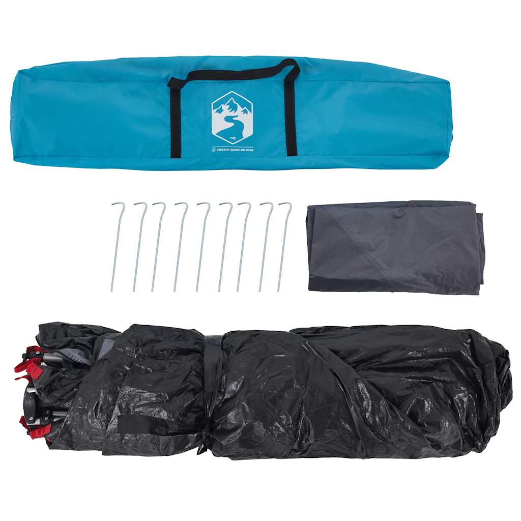 Detail van de vidaXL koepeltent met opbergtas, haringen en tentstokken in blauw en zwart.