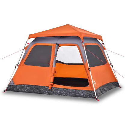 Detail van de vidaXL koepeltent in grijs en oranje, met open deur en zijramen.