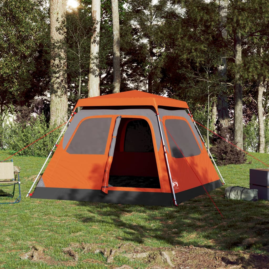 Detail van de vidaXL koepeltent in grijs en oranje, zijaanzicht met open ingang.