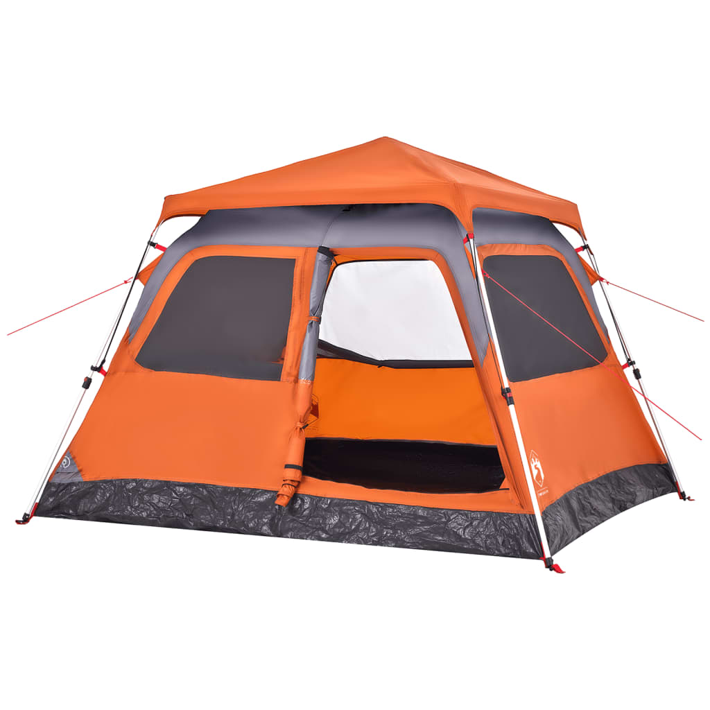 Detail van de vidaXL koepeltent met grijze en oranje kleur, zijaanzicht met open ingangen.