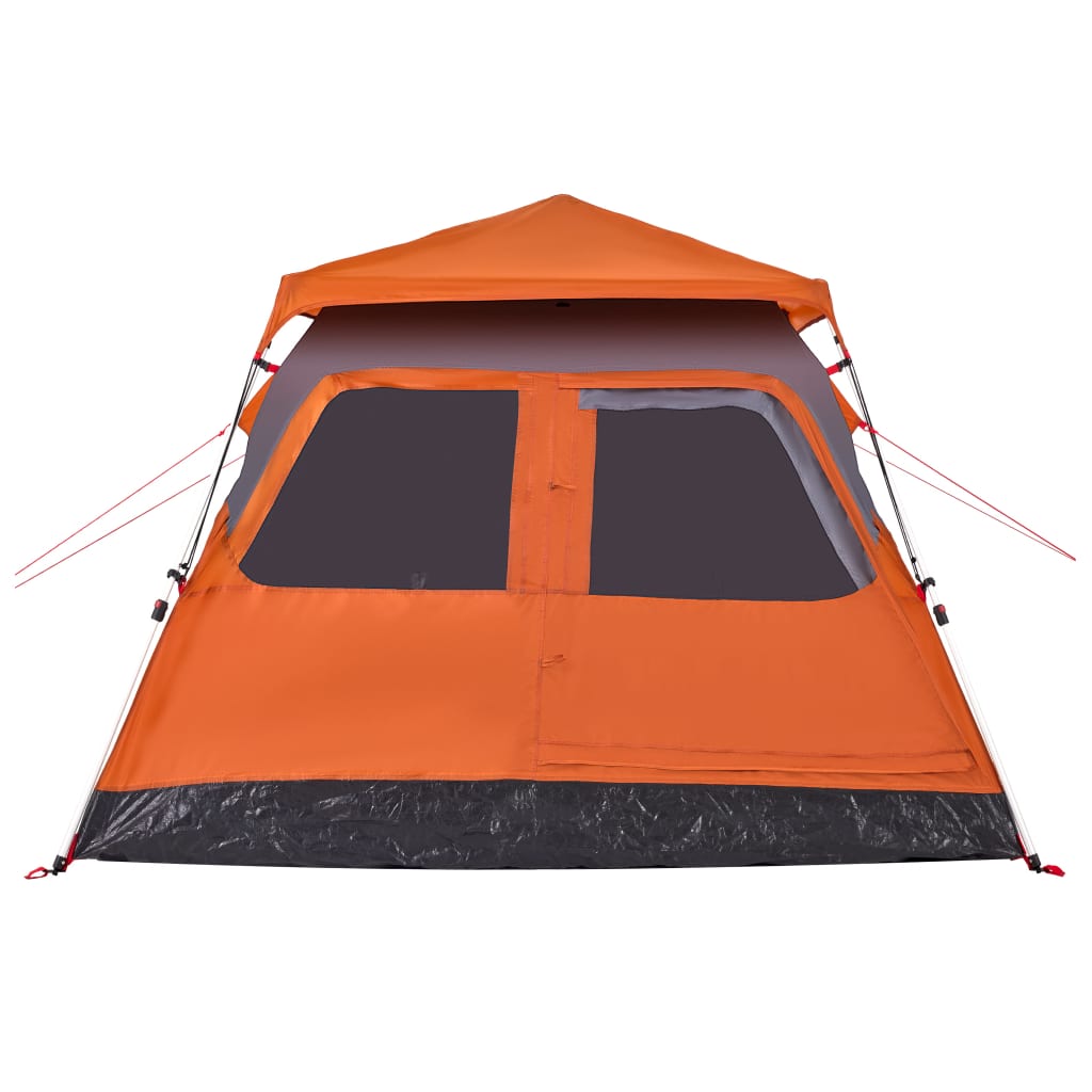 Detail van de grijs-oranje vidaXL koepeltent met grote ramen en waterdichte voorkant.